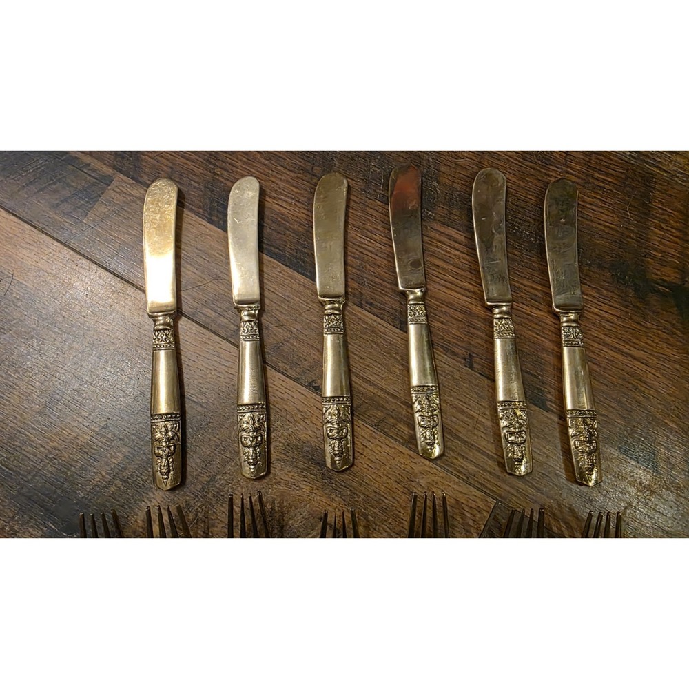 Vintage Thai Bronze Flatware Set Cutlery Brass Siam Buddha Spoons Forks 25 Piece - Picture 3 of 16